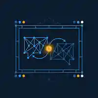 Film frame rectangle with two speech bubble nodes and a language conversion arc in electric blue and orange accent node on dark navy background