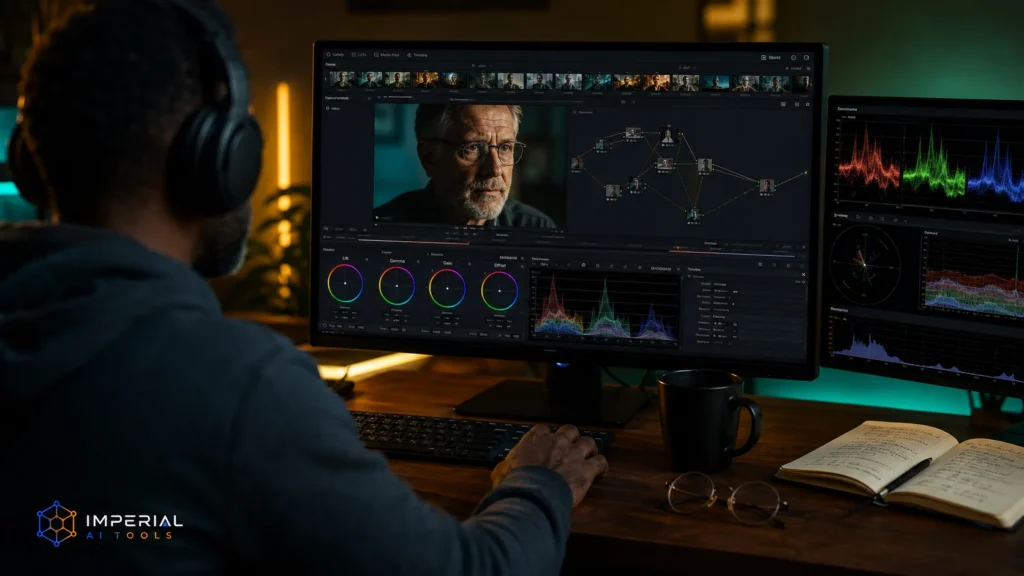 Professional video editor working late at night on a dual-monitor color grading setup, with cinematic editing software, waveform scopes, desk notes, coffee mug, and Imperial AI Tools logo in the bottom-left corner.