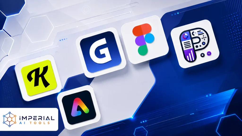 3D illustration featuring the Grammarly, Figma, Photopea, Krea AI, and Adobe Express logos on floating app tiles over a futuristic blue technology background with the Imperial AI Tools logo in the bottom-left corner.