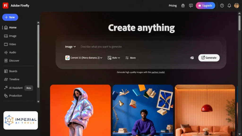 Adobe Firefly dashboard showing an AI image-generation prompt box and creative content examples