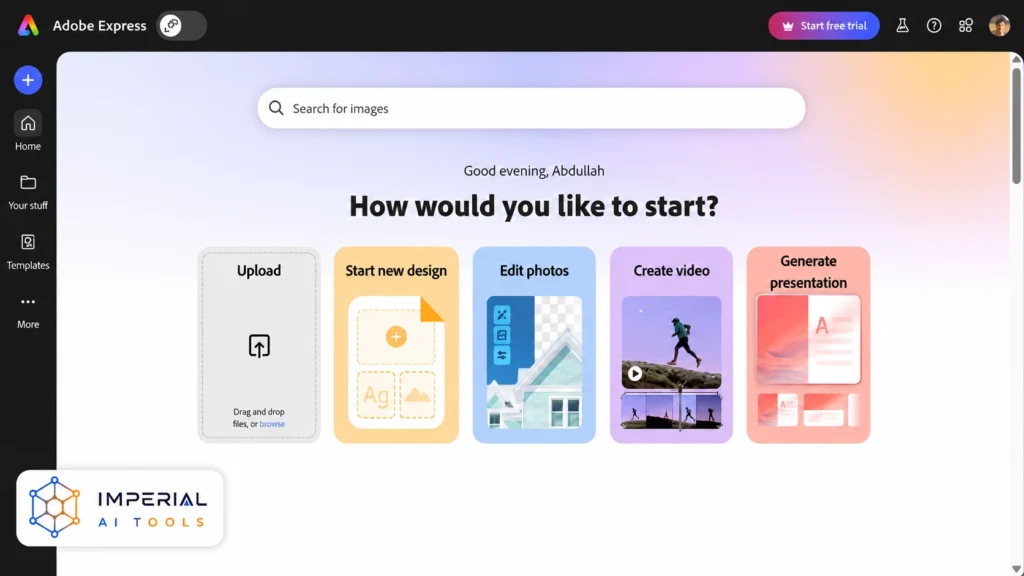 Adobe Express dashboard showing options to upload files, create designs, edit photos, make videos and generate presentations.