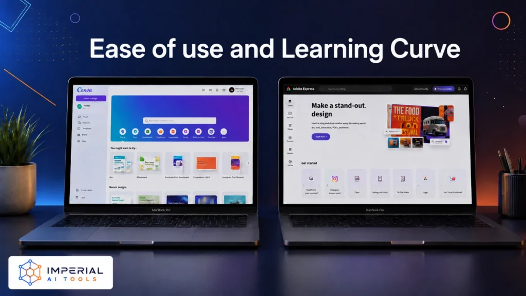 Canva and Adobe Express dashboards displayed side by side on two MacBook Pro laptops for an ease-of-use comparison.