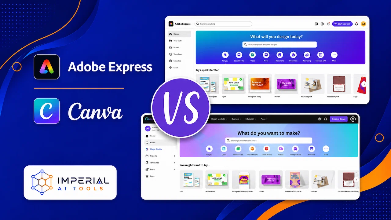 Adobe Express vs Canva comparison graphic showing the dashboards of both online design platforms.