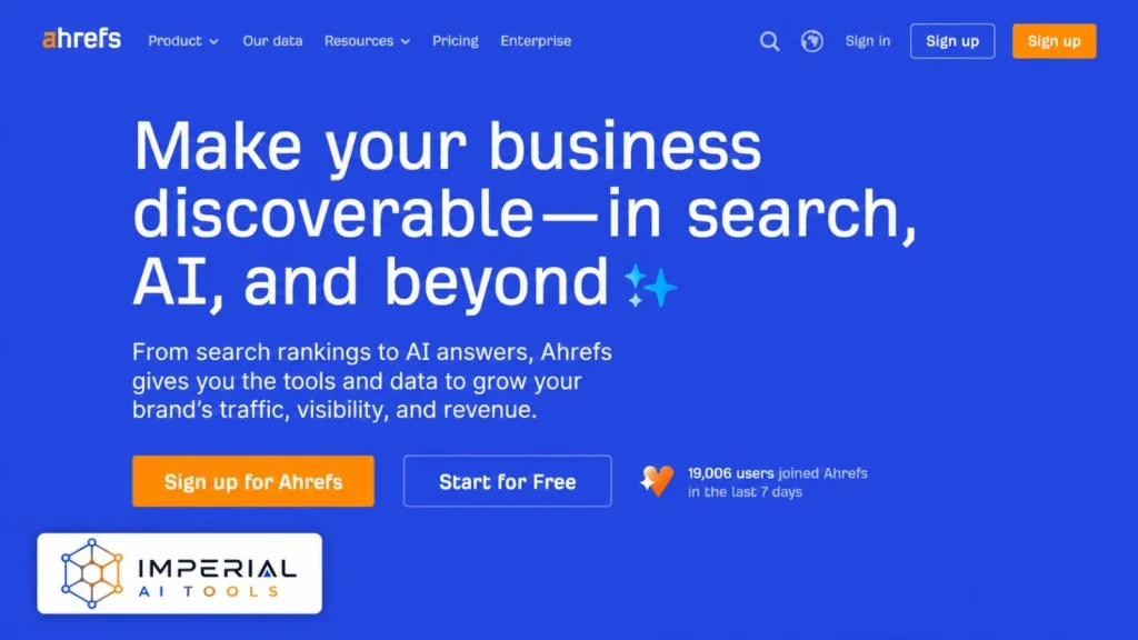 Ahrefs SEO and AI search platform homepage showing tools for improving rankings, traffic and brand visibility.