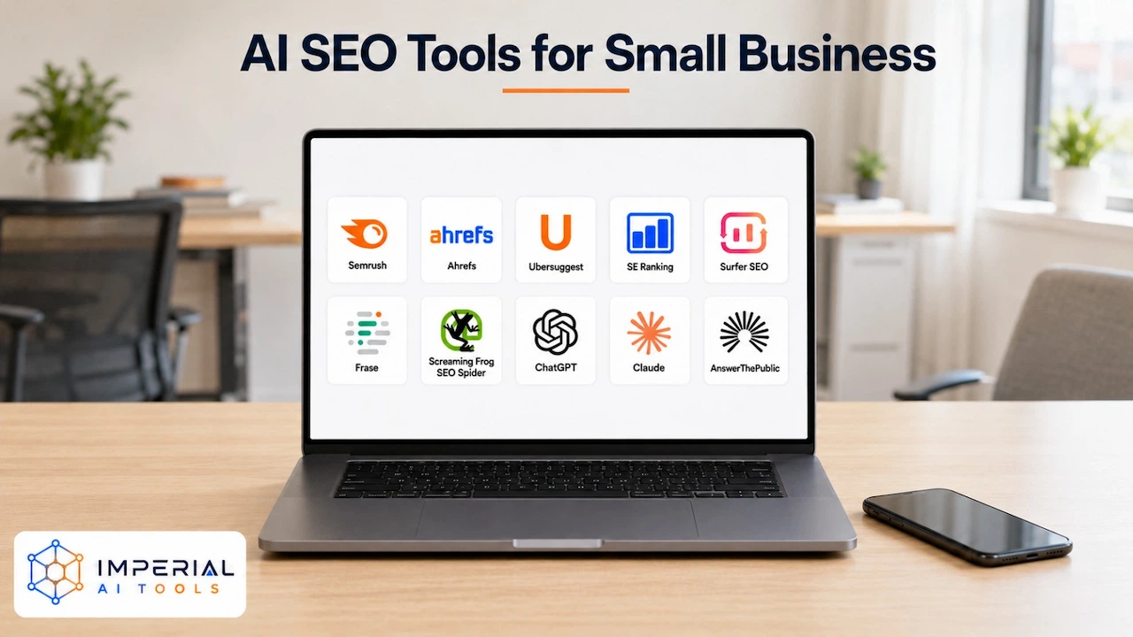 Laptop displaying popular AI SEO tools for small businesses, including Semrush, Ahrefs, ChatGPT, Claude and Surfer SEO.
