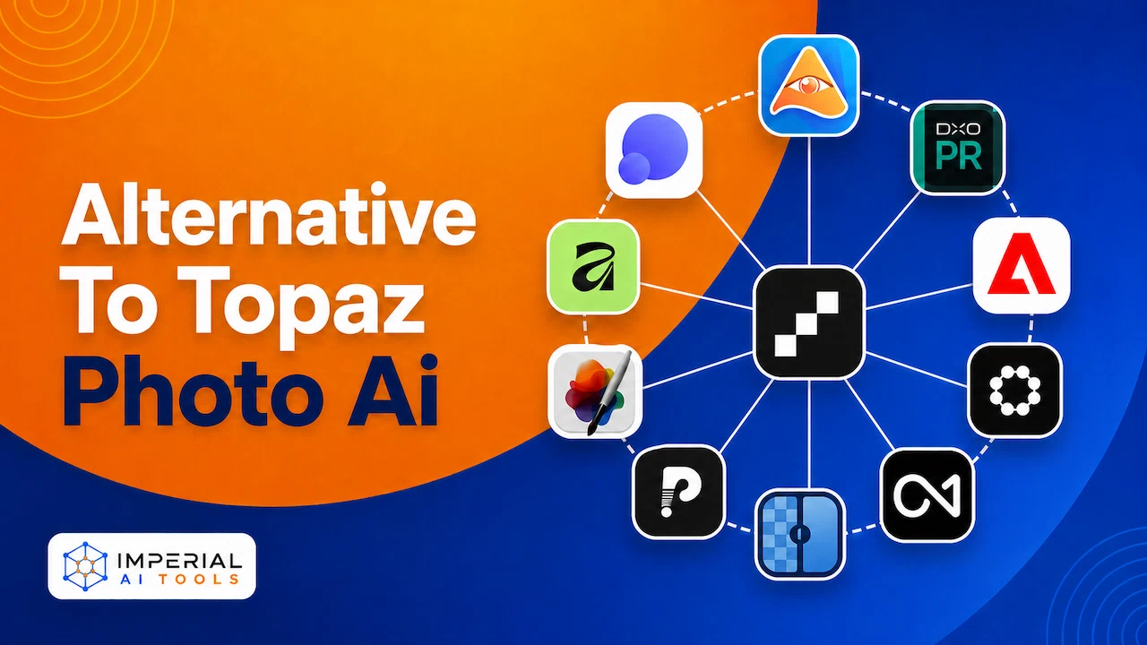 Alternative to Topaz Photo AI graphic showing photo-editing app logos connected around a central hub.