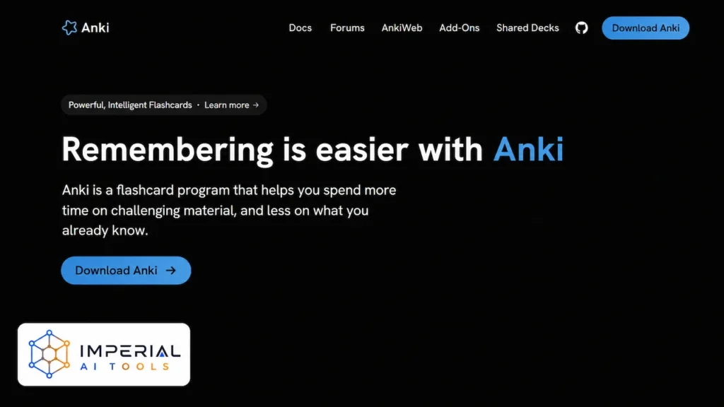 Anki homepage explaining its intelligent flashcard software and spaced-repetition learning system.