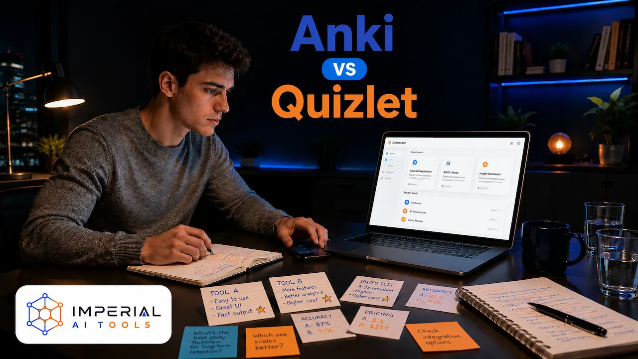 Anki vs Quizlet comparison showing a student at a laptop with notes on flashcards, features, pricing, and accuracy.