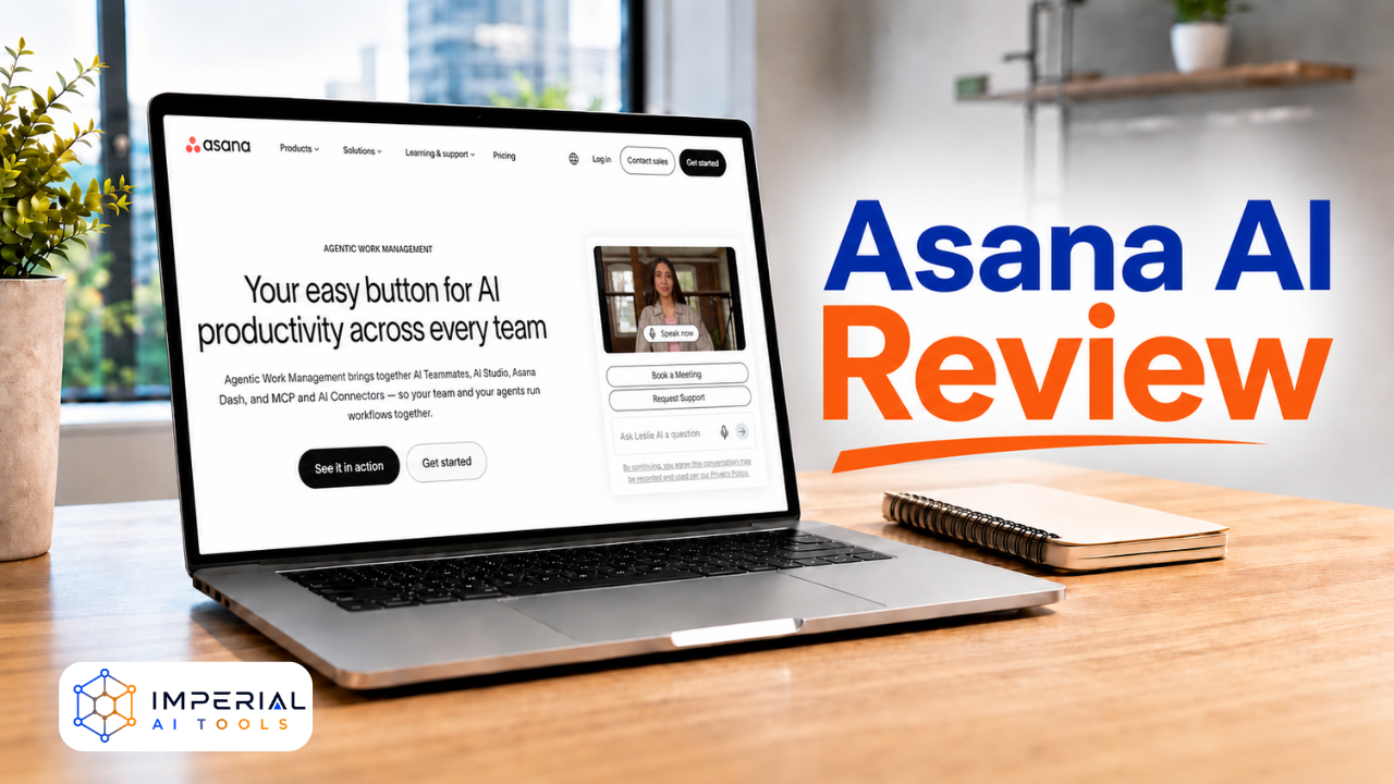 Asana AI review displayed on a laptop featuring Asana’s agentic work management and AI productivity interface.