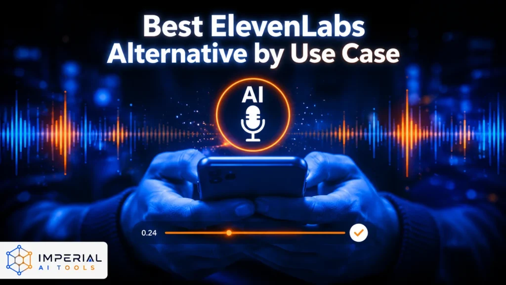 Hands holding a smartphone with an AI microphone icon, blue and orange audio waveforms, and the text “Best ElevenLabs Alternative by Use Case.