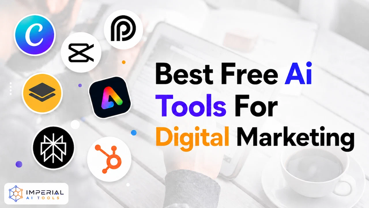 Best free AI tools for digital marketing featured graphic with popular design, video and content tool logos