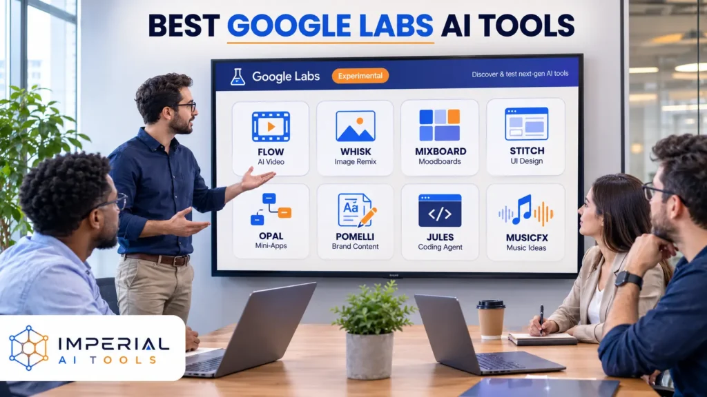 Team reviewing the best Google Labs AI tools, including Flow, Whisk, Mixboard, Stitch, Opal, Pomelli, Jules, and MusicFX.