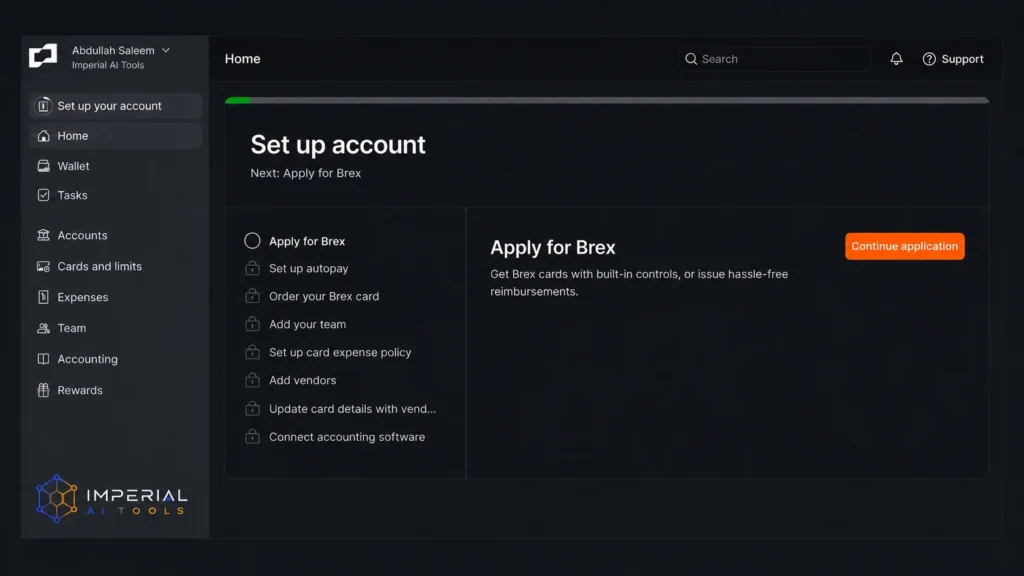 Brex account setup dashboard showing card application steps and business expense management options.