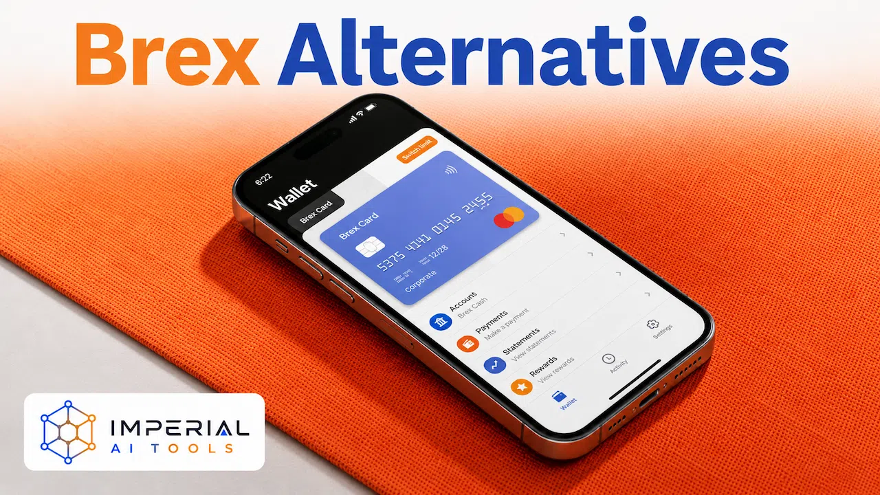 Brex Alternatives displayed above a smartphone showing a corporate card and business wallet app.
