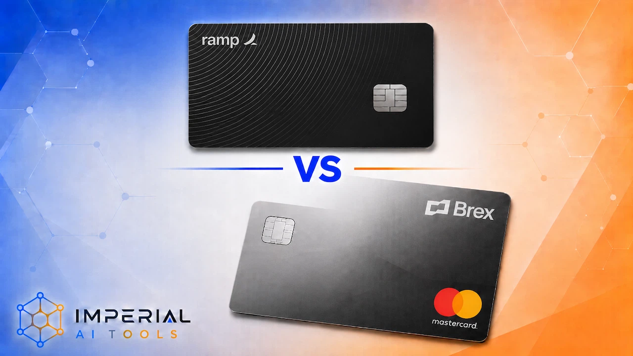 Brex vs Ramp corporate card comparison showing the Ramp card and Brex Mastercard on a blue and orange background.