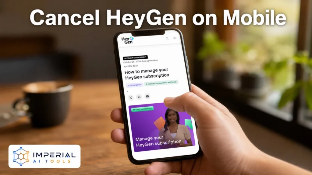 Hand holding a smartphone displaying the HeyGen subscription management page for cancelling a subscription on mobile.