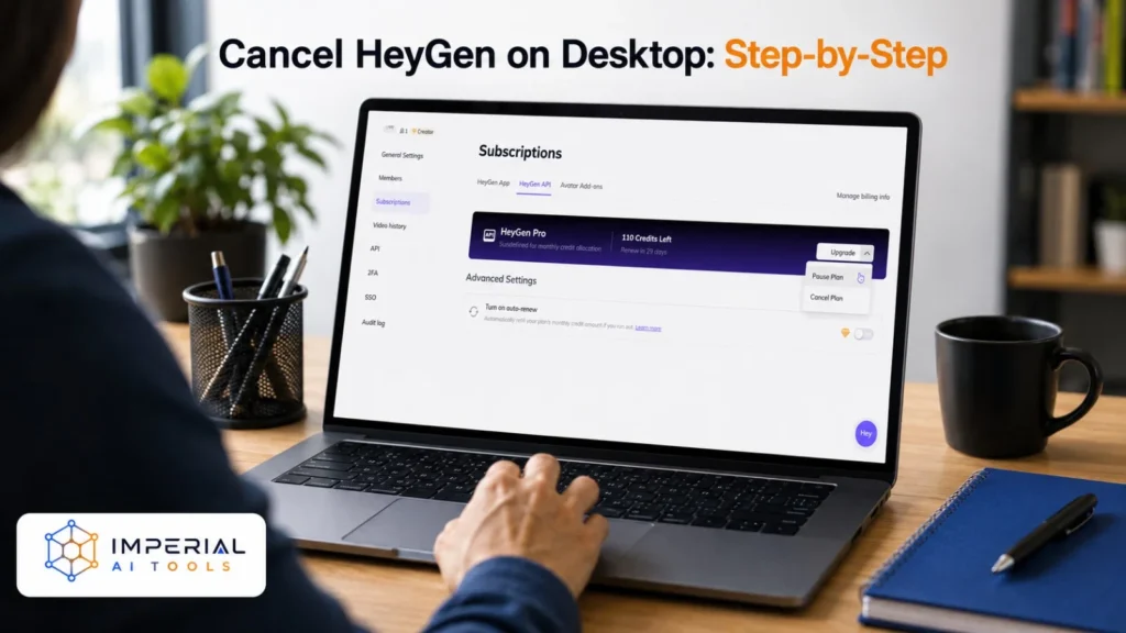 HeyGen Subscriptions page open on a laptop with the Cancel Plan option showing in the plan dropdown
