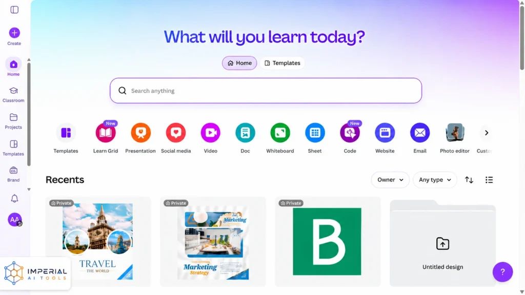 Canva home dashboard showing templates, presentations, social media, video, document and website design tools.