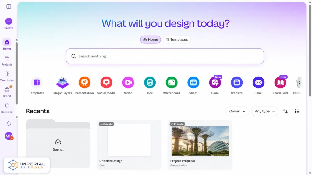 Canva AI homepage showing design search, templates, presentations, social media and website tools