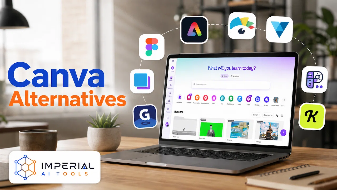Laptop displaying a creative design workspace surrounded by popular Canva alternative tool logos in a modern office.