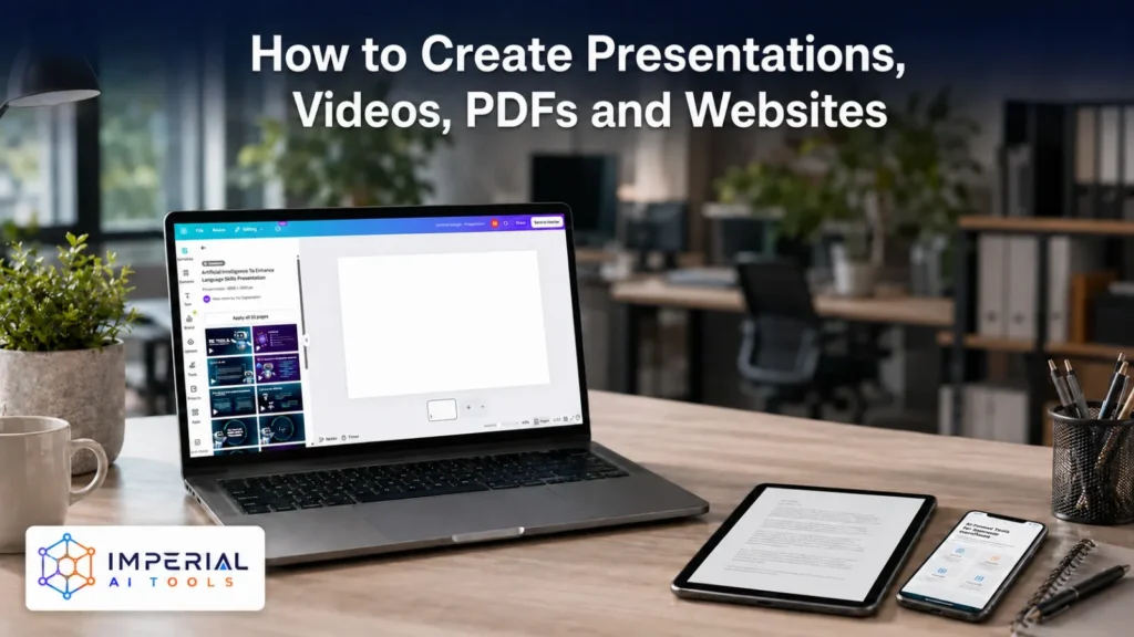 Laptop displaying Canva’s presentation editor beside a tablet and phone used to create presentations, videos, PDFs and websites.