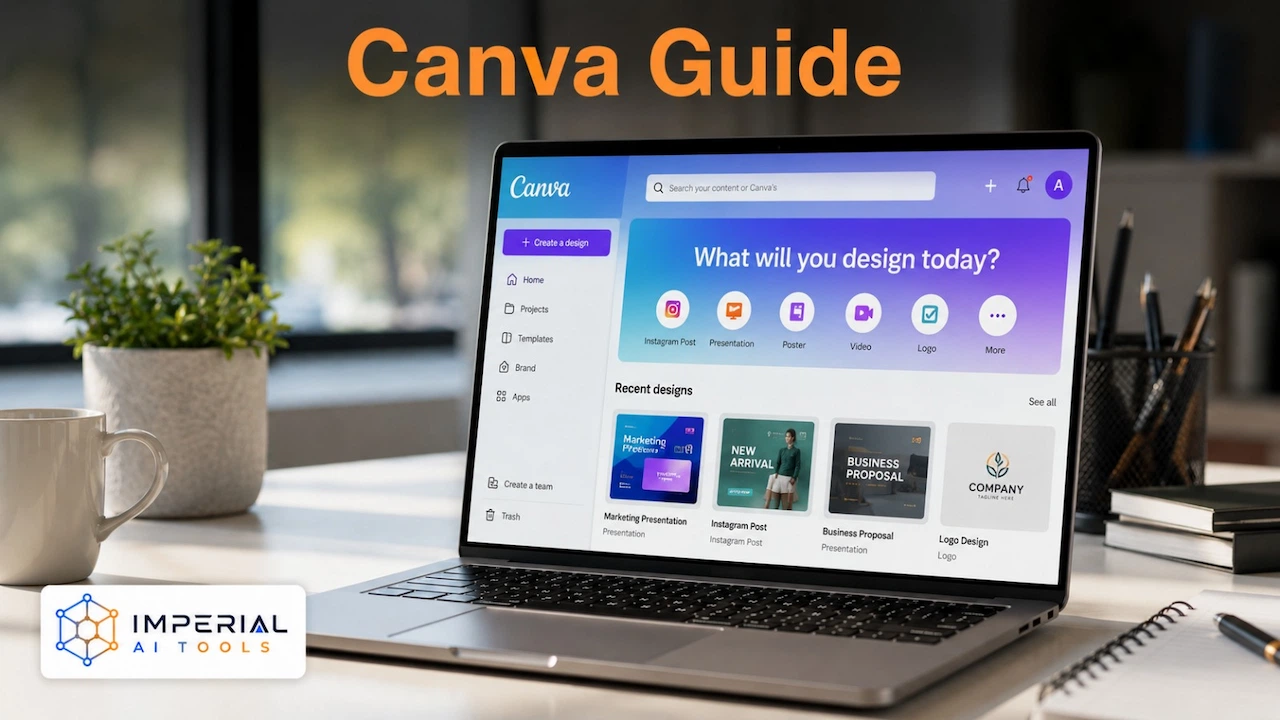 Canva guide on dashboard in a laptop showing templates for presentations, social posts, posters, videos and logos.