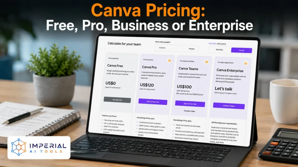 Laptop displaying a Canva pricing comparison for Free, Pro, Teams and Enterprise plans on a modern office desk.