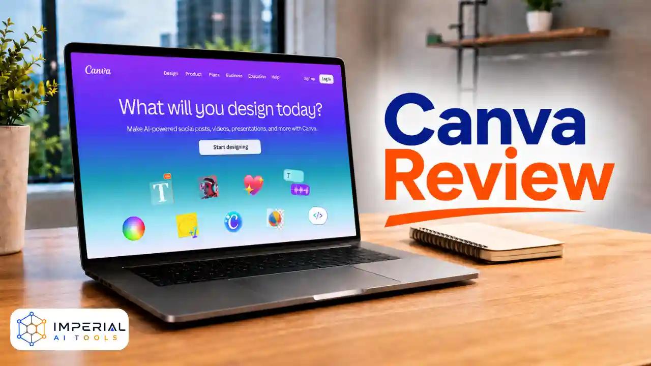 Canva Review featured image with a laptop displaying the Canva design platform in a modern office workspace.