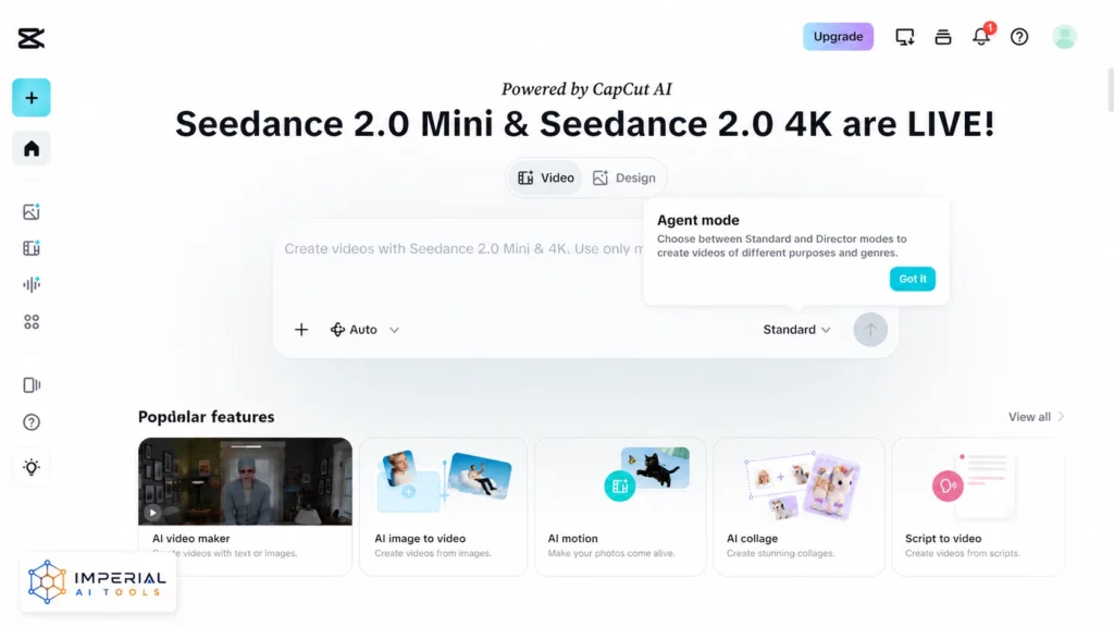 CapCut AI dashboard showing video-generation tools, image-to-video, AI motion and script-to-video features