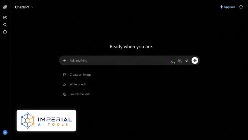 ChatGPT dark-mode interface with options to create images, write content, edit text and search the web.
