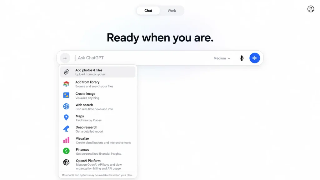 ChatGPT home screen with an open tools menu showing file uploads, image creation, web search, maps, and deep research.