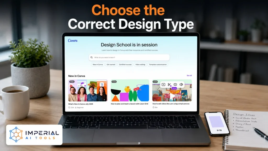 Laptop displaying Canva Design School beside a phone and notebook listing design types such as social posts, presentations, reels and thumbnails.