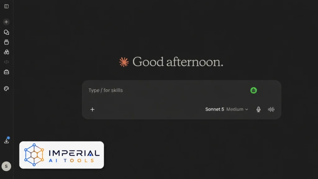Claude AI assistant interface featuring the Sonnet model, skills input field and dark-mode workspace.