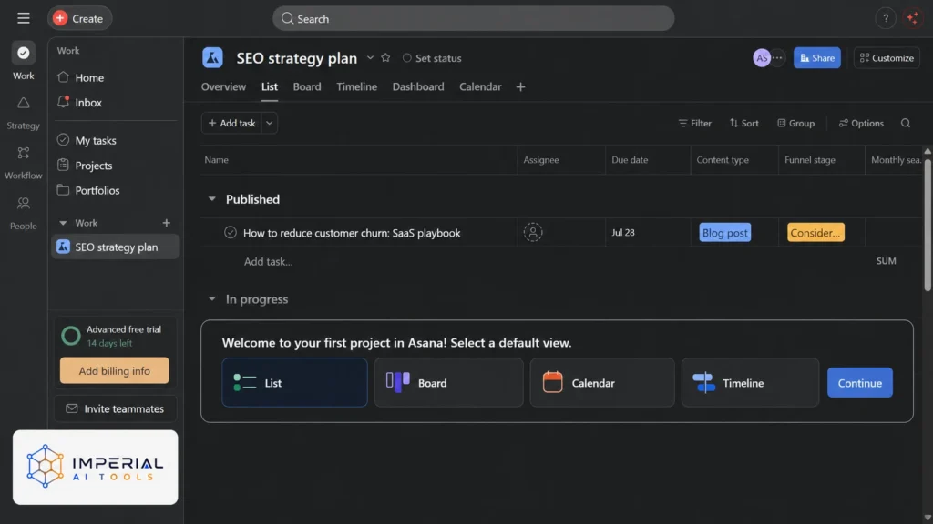 ClickUp project management dashboard interface showing workspace, AI tools, and task management features