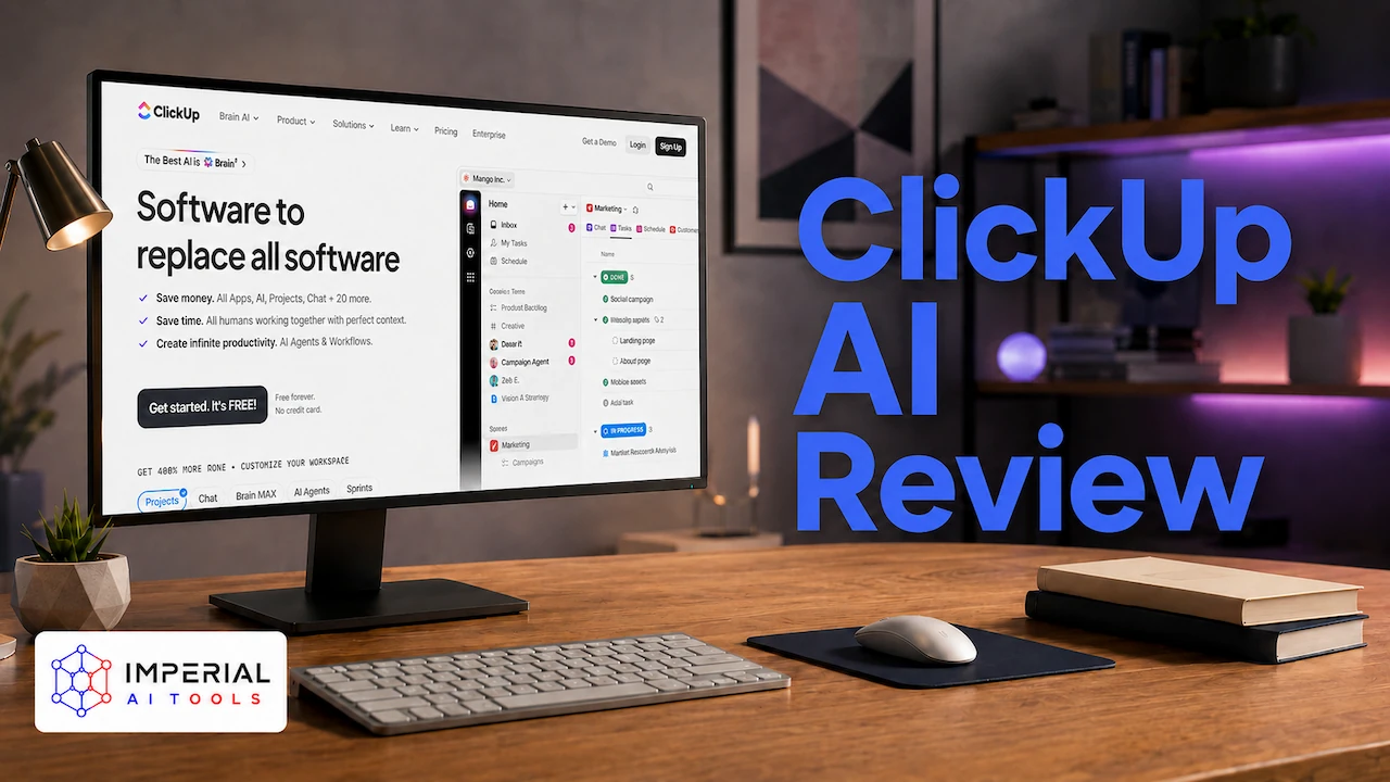 ClickUp all-in-one project management dashboard showing tasks, board view and Brain AI features