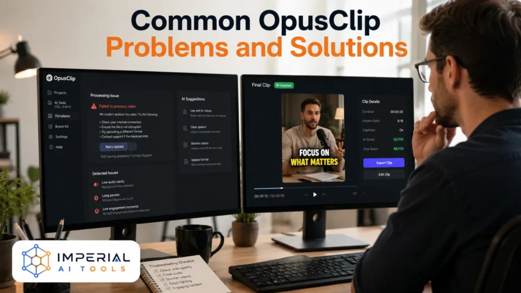 Creator reviewing an OpusClip processing error beside a successfully exported vertical video clip.