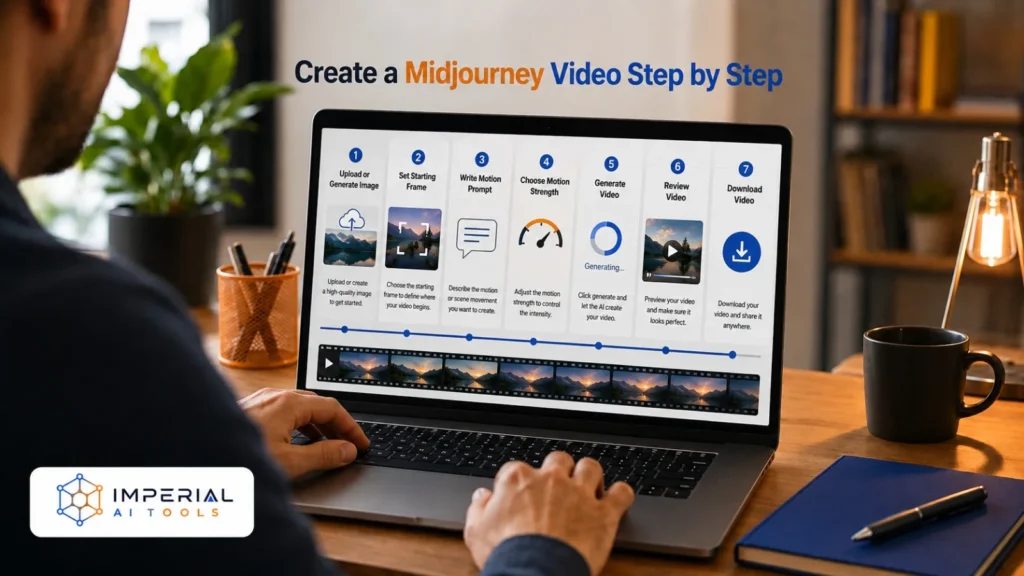 Creator viewing a seven-step Midjourney video workflow on a laptop, from uploading an image to downloading the finished video.