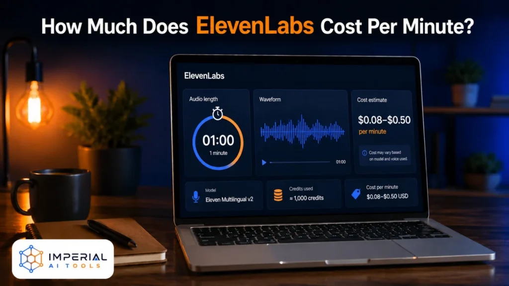Laptop displaying an illustrative ElevenLabs cost-per-minute dashboard with audio length, waveform and credit usage.