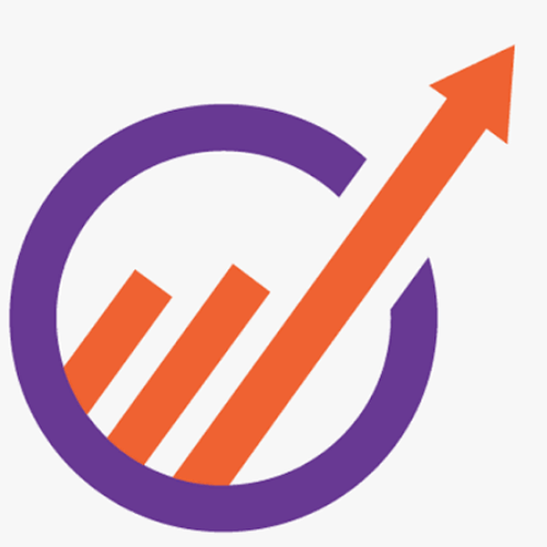 engagebay Icon of an orange upward arrow breaking through a purple circular ring, with three ascending bar shapes