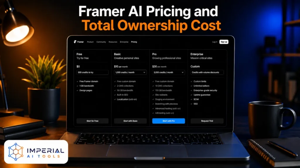 Framer AI pricing plans displayed on a laptop, including Free, Basic, Pro and Enterprise options.