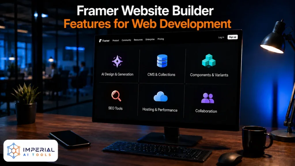 Framer website builder features for web development shown on a monitor, including AI design, CMS, SEO and collaboration tools.