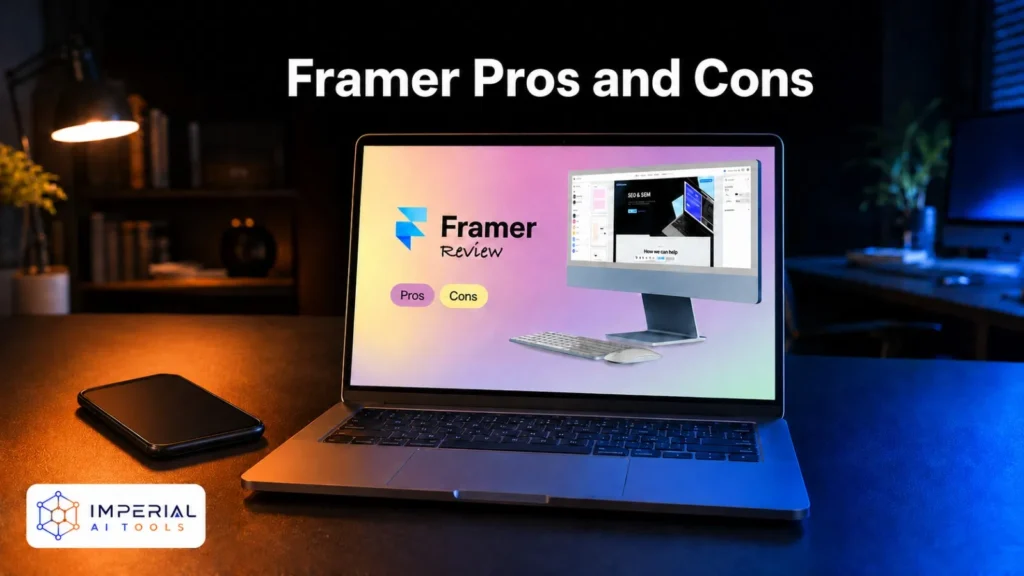 Laptop displaying a Framer website builder pros and cons review in a modern office setting.