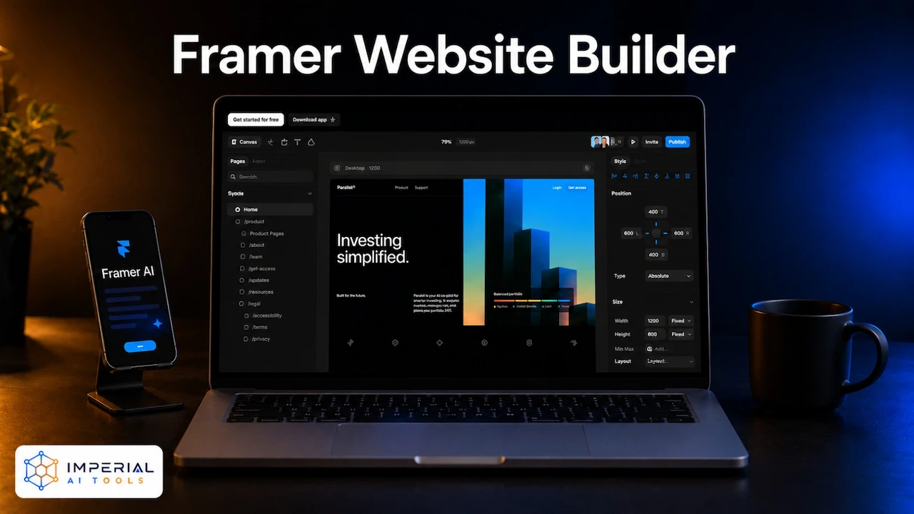 Framer Website Builder interface displayed on a laptop in a modern workspace with a smartphone, coffee mug and Imperial AI Tools logo.