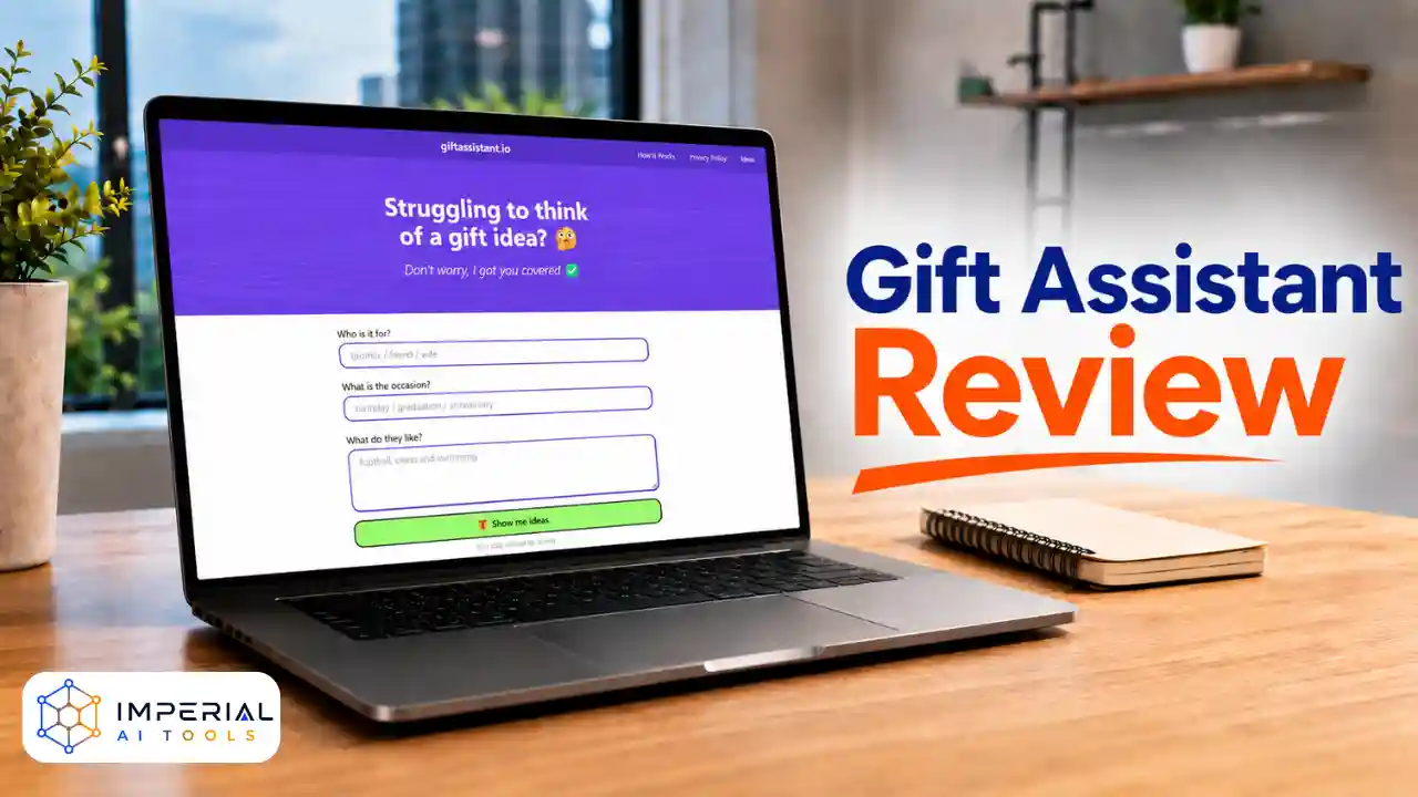 Gift Assistant Review featuring the AI gift idea generator displayed on a laptop.