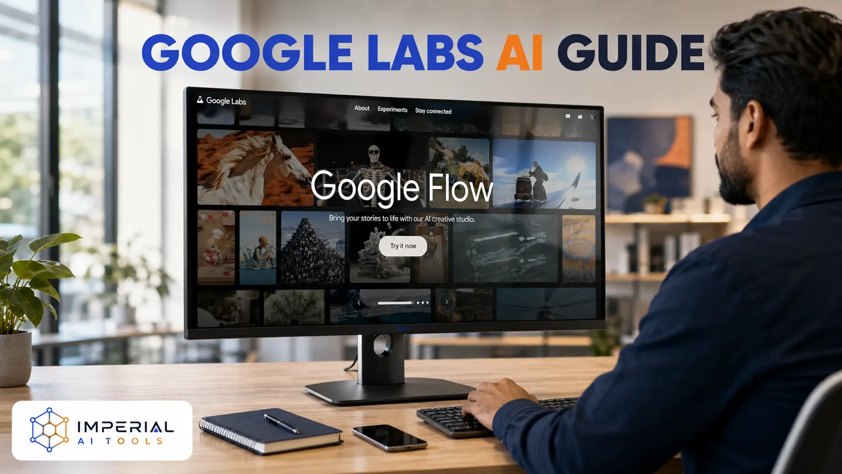 Professional exploring Google Labs AI and Google Flow creative tools on a desktop monitor.
