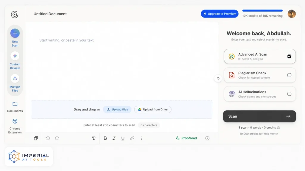 GPTZero dashboard showing a blank document editor with Advanced AI Scan selected, plus plagiarism and AI hallucination checking options.