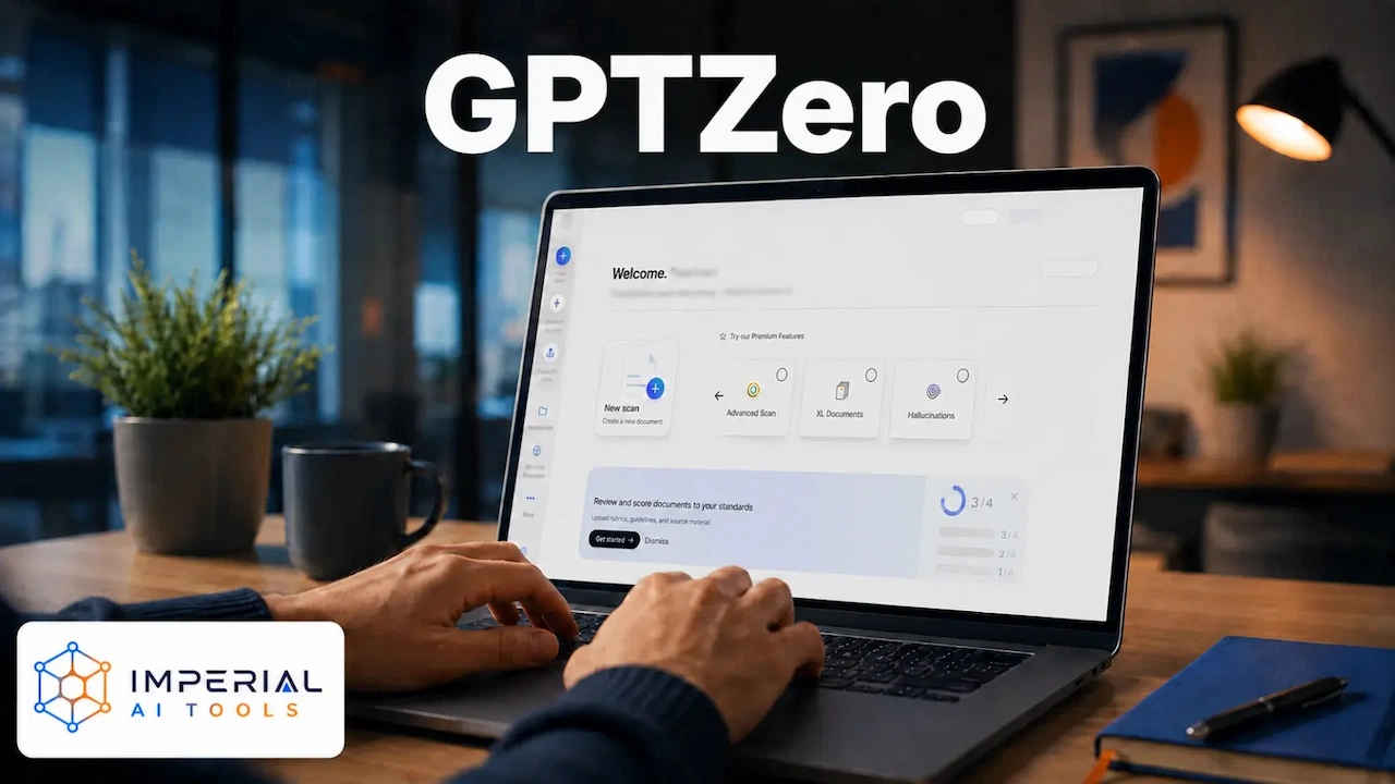 GPTZero AI detector dashboard displayed on a laptop during an Imperial AI Tools review