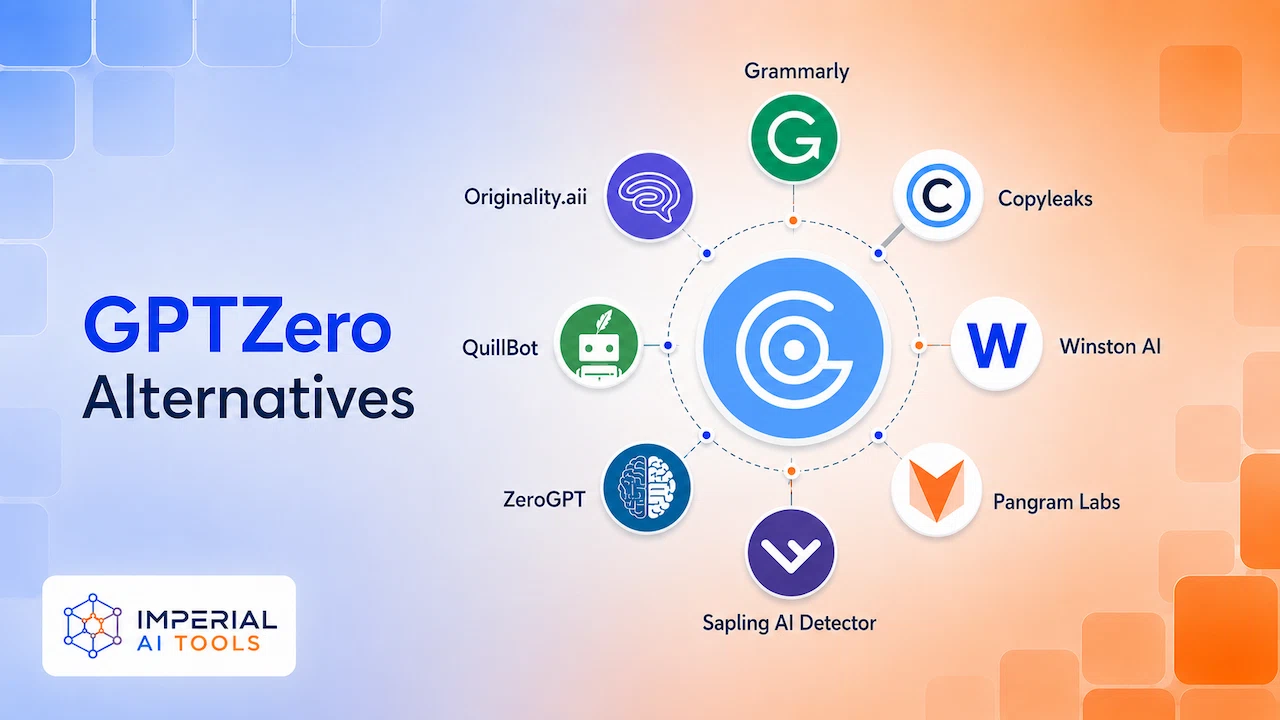 GPTZero alternatives infographic comparing Grammarly, Originality.ai, Copyleaks, Winston AI, Pangram Labs, Sapling AI Detector, ZeroGPT and QuillBot.