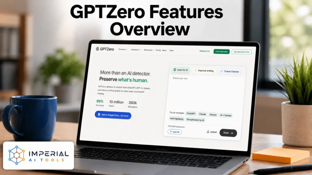 GPTZero features overview showing AI scanning, writing improvement and citation checking tools on a laptop