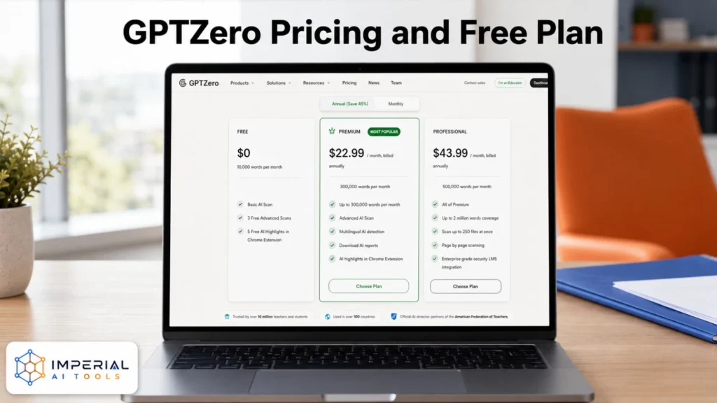 GPTZero pricing and free plan comparison displayed on a laptop with Free, Premium and Professional options
